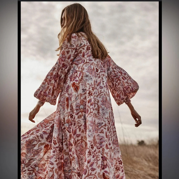 Ash & Eden Idika Pintuck Maxi Umbrella Dress Pink Chink Sz S Block Print Roman - Picture 12 of 13